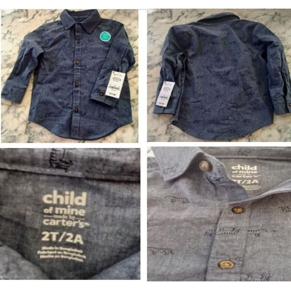 Carters Child of Mine Boy 2T Button Down Shirt NWT Tiger Print Chambray Preppy‎